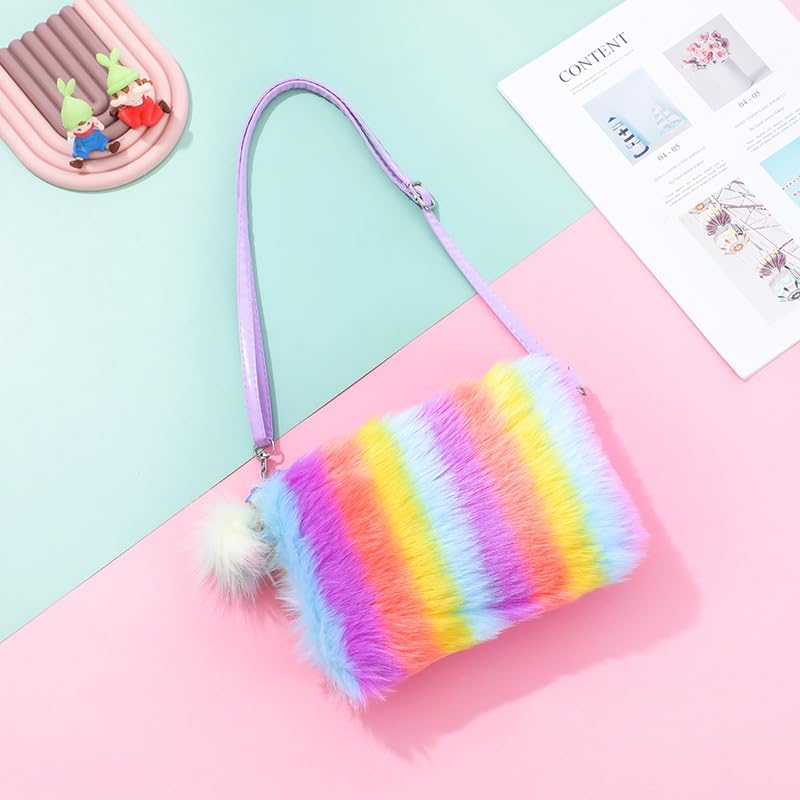 Newfancy Women Girls Kids Fluffy Fuzzy Bag Plush Tie Dye Rainbow Crossbody Purse Wallet - Image 2